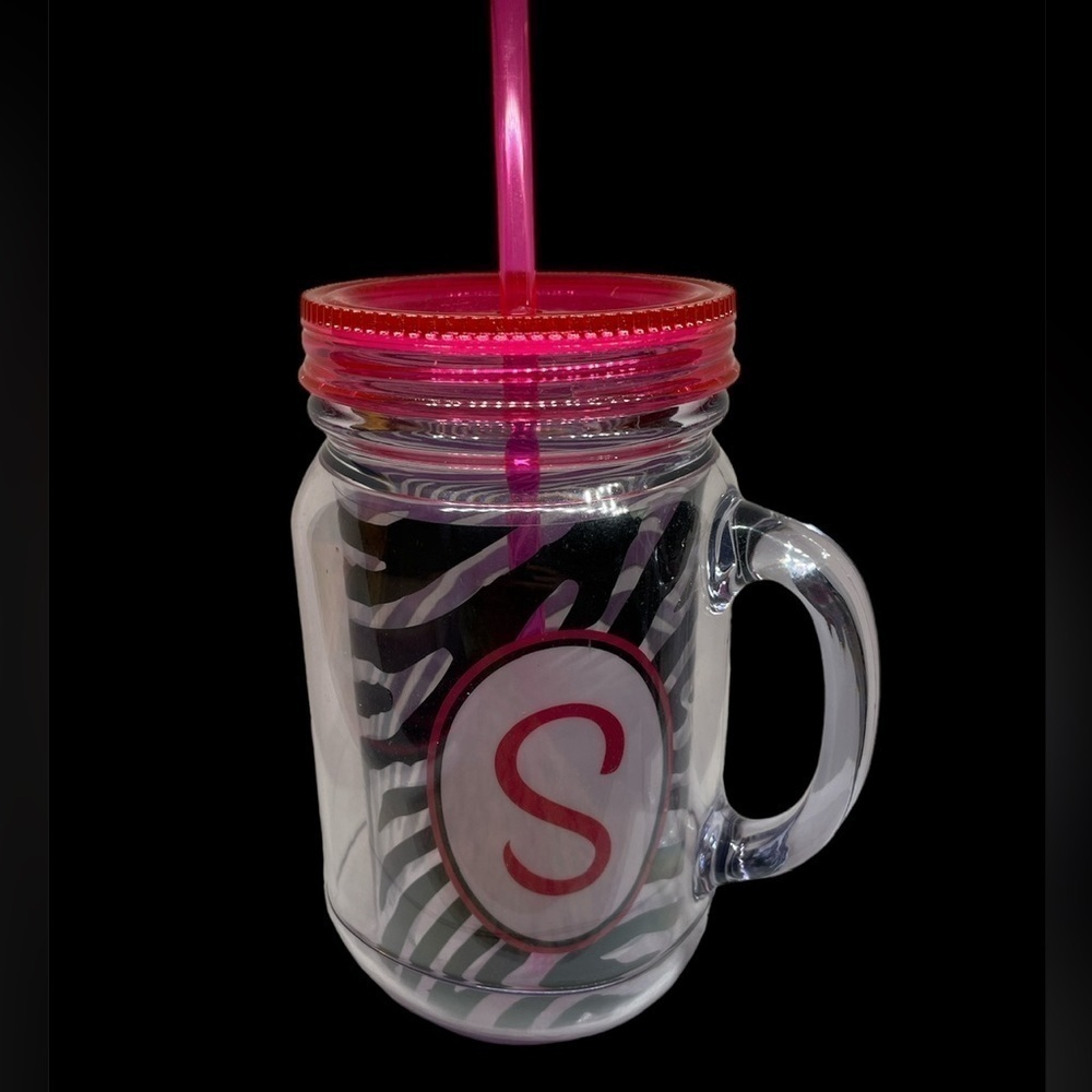 20oz Black Zebra Monogram Mason Jar Cup Pink Accents “S” monogram NWT